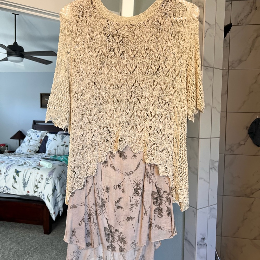 Beige Lace Knit Top with Floral Skirt